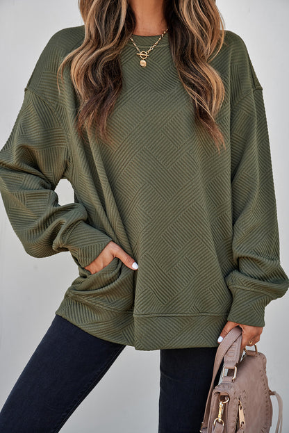 Parchment Solid Color Textured Round Neck Drop Shoulder Pullover Sweatshirt
