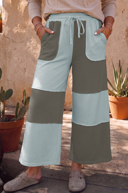 Fiery Red Raw Seam Colorblock Wide Leg Ankle Length Casual Pants