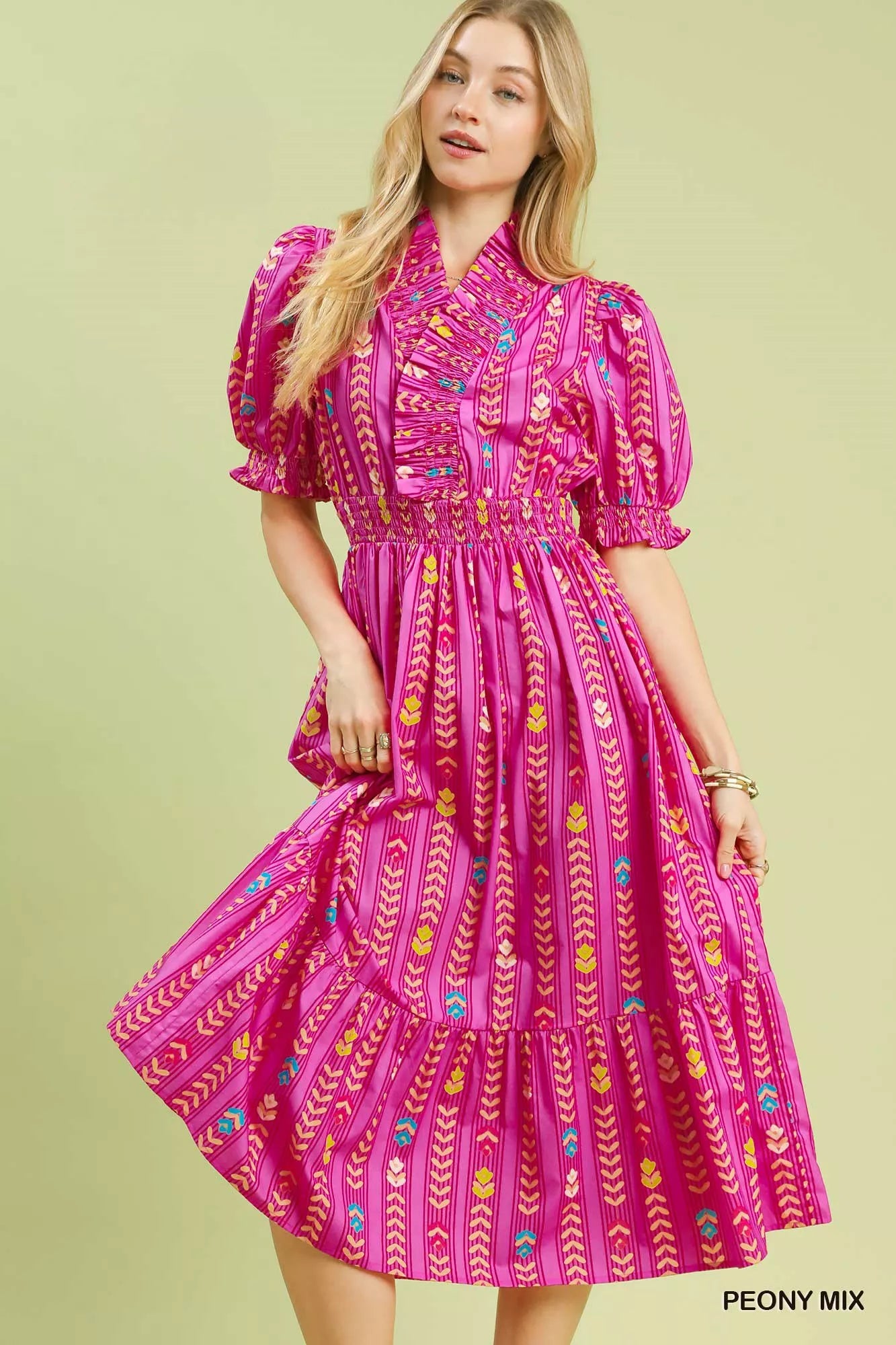 YSONA Umgee Vibrant Ruffle Smocked Midi Dress — front view | Women's Dress | Shop YSONA