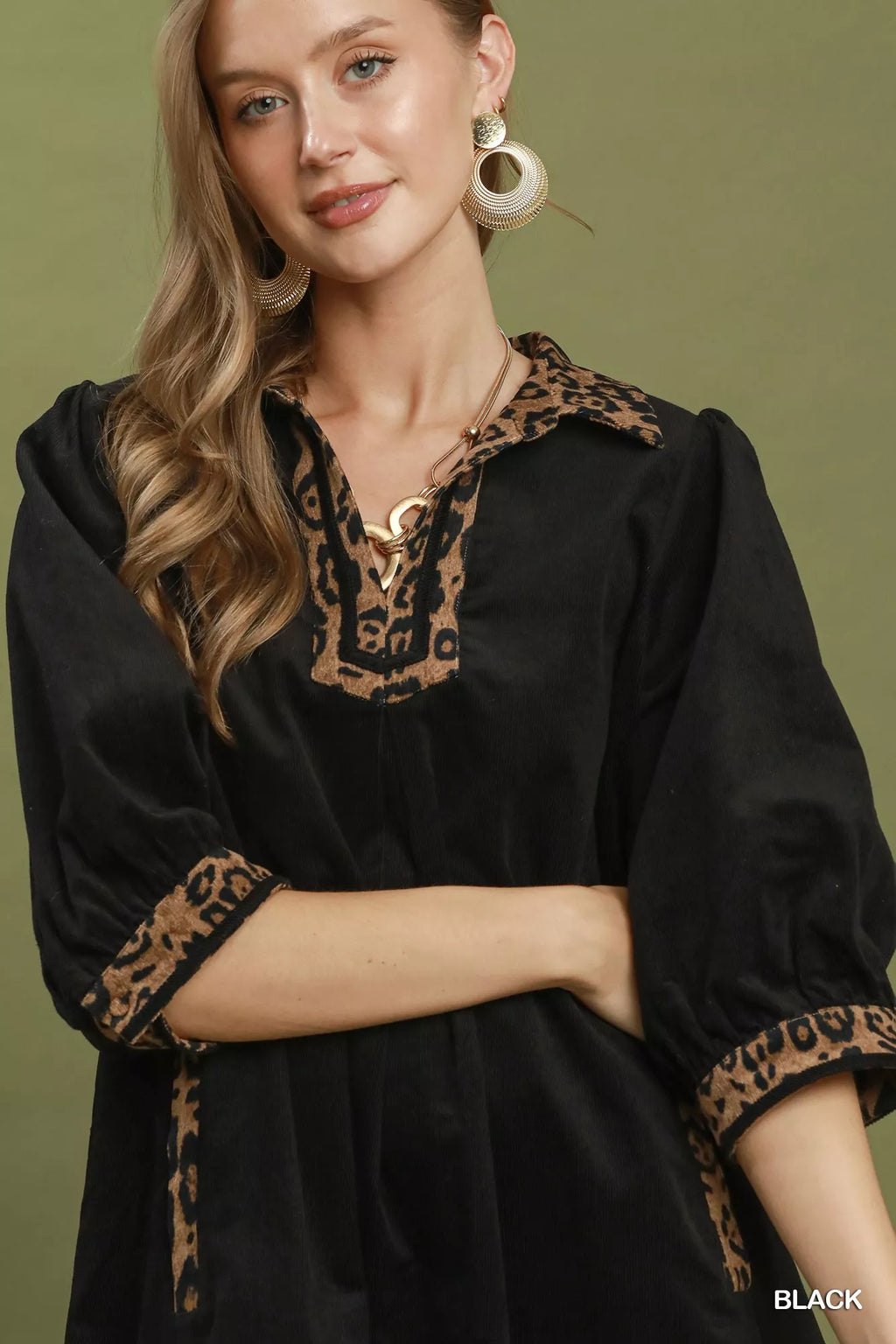 YSONA Umgee V-Neck Shift Dress with Contrast Trim — detail view | Women's Dress | Shop YSONA