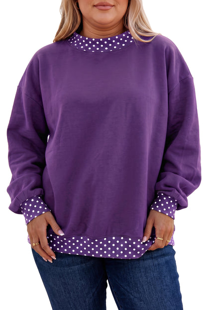 Dirty blue Polka Dot Patchwork Round Neck Plus Size Sweatshirt