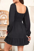 YSONA Solid Color Long Sleeve Shirred Drawstring Ruffle Mini Dress — back view | Women's Dress