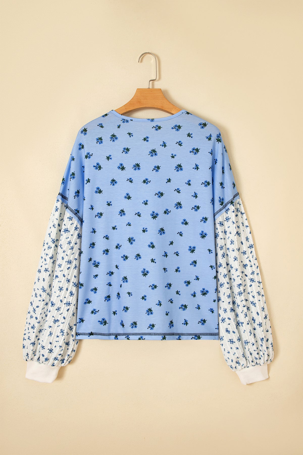 Sky Blue Floral Print Contrast Long Sleeve Tops