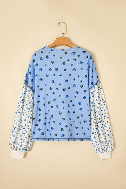 Sky Blue Floral Print Contrast Long Sleeve Tops