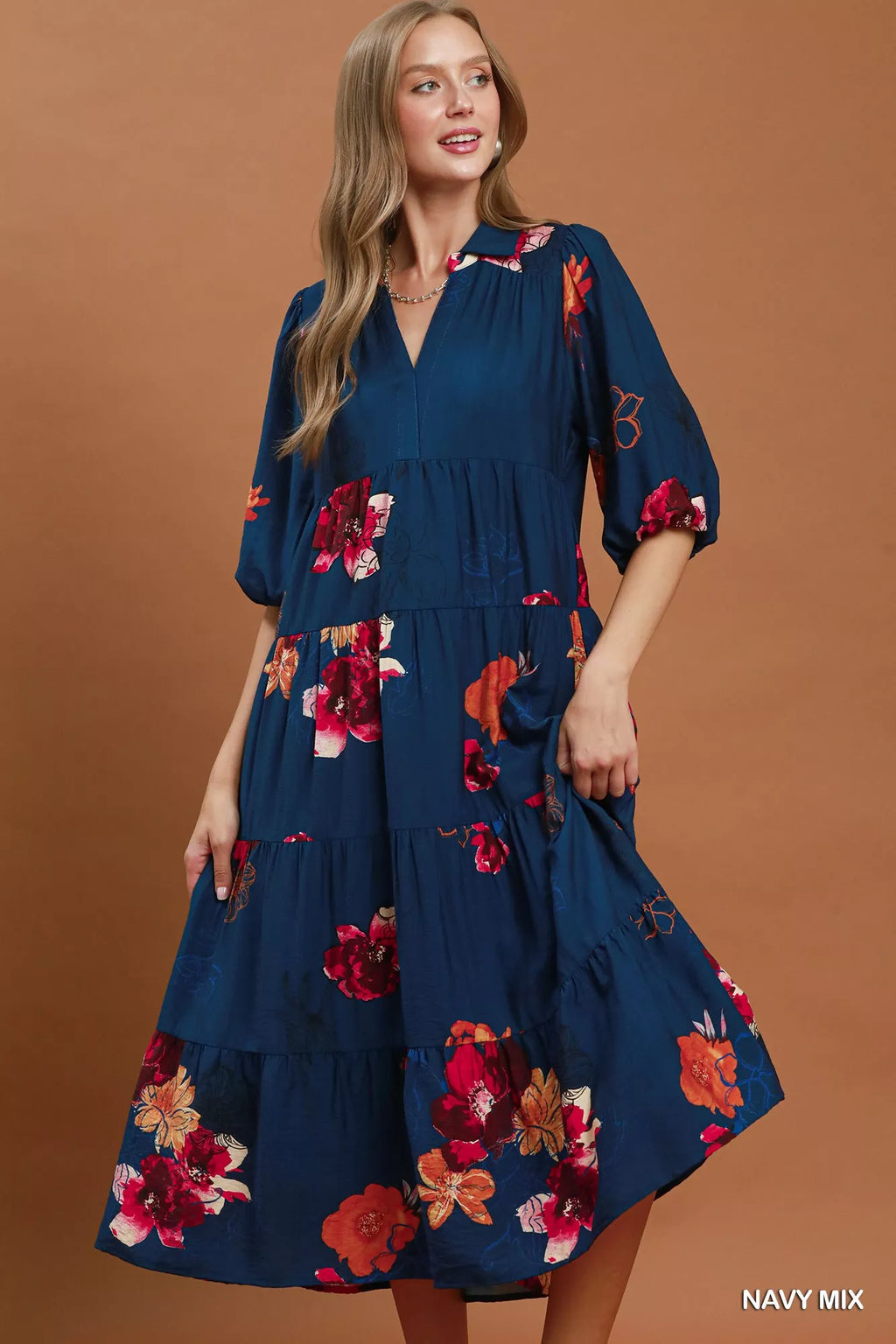 YSONA Umgee Floral Print Tiered Midi Dress with Puff Sleeves — detail view | Women's Dress | Shop YSONA