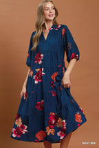 YSONA Umgee Floral Print Tiered Midi Dress with Puff Sleeves — detail view | Women's Dress | Shop YSONA