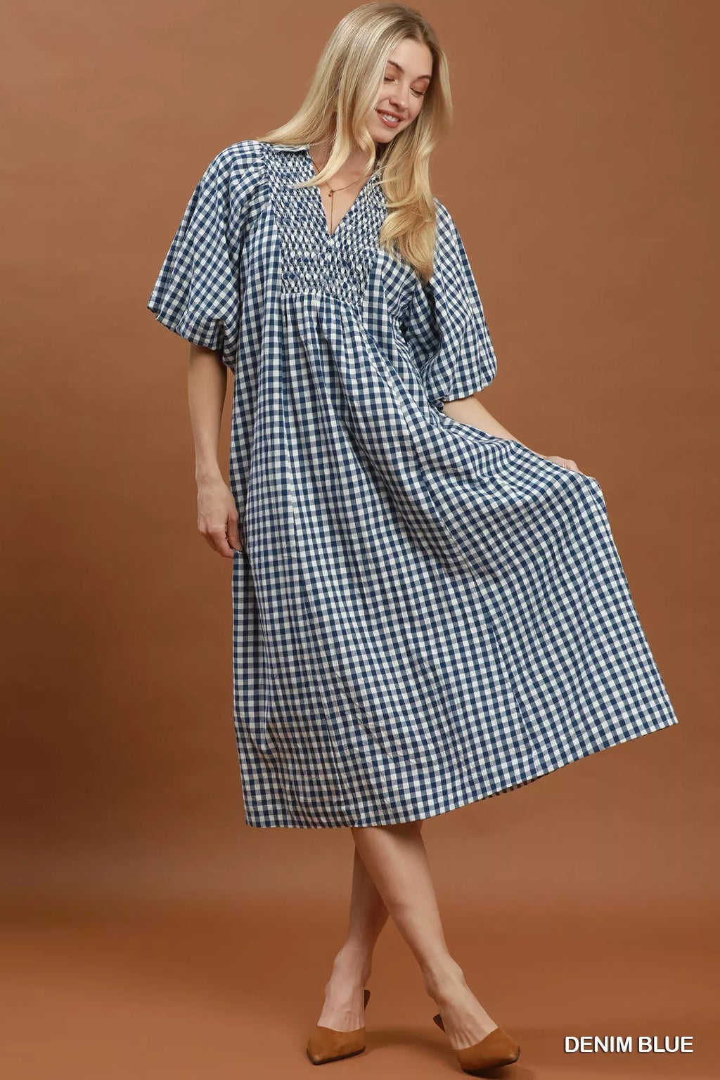 YSONA Umgee Puff Sleeve Plaid Midi Dress — model wearing | Women's Dress | Shop YSONA