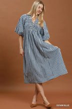 YSONA Umgee Puff Sleeve Plaid Midi Dress — model wearing | Women's Dress | Shop YSONA