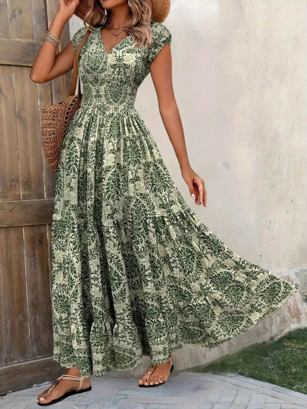 YSONA Printed Cap Sleeve Maxi Dress — fabric detail | Women's Dress | Shop YSONA
