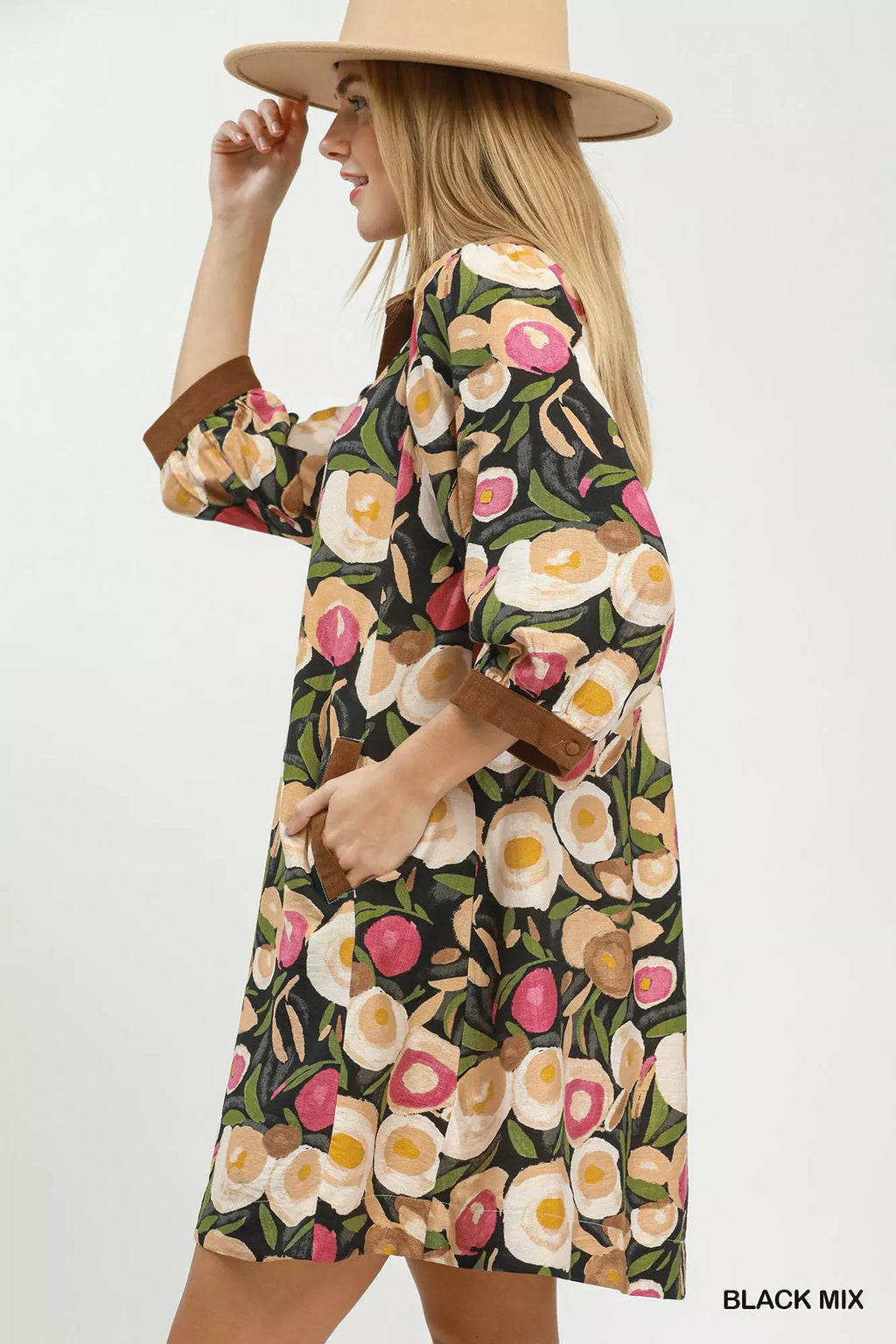 YSONA Umgee Mix Floral Contrast Trim Shift Mini Dress — back view | Women's Dress | Shop YSONA