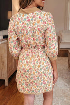 YSONA Floral Print Color Block Trim Button Down Belted Mini Dress — back view | Women's Dress