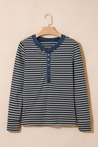 Gray Stripe Denim Contrast Collar Half Button Long Sleeve Top