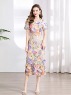 YSONA Floral Embroidered Puff Sleeve Midi Dress — side view | Women's Dress | Shop YSONA