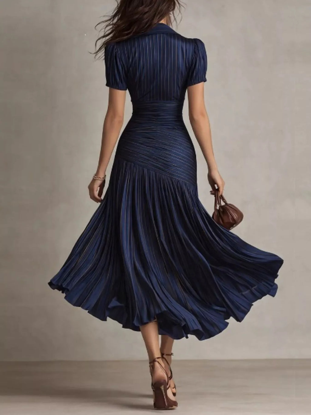 YSONA Pleated Striped Short Sleeve Midi Dress — side view | Women's Dress | Shop YSONA