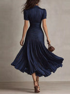YSONA Pleated Striped Short Sleeve Midi Dress — side view | Women's Dress | Shop YSONA