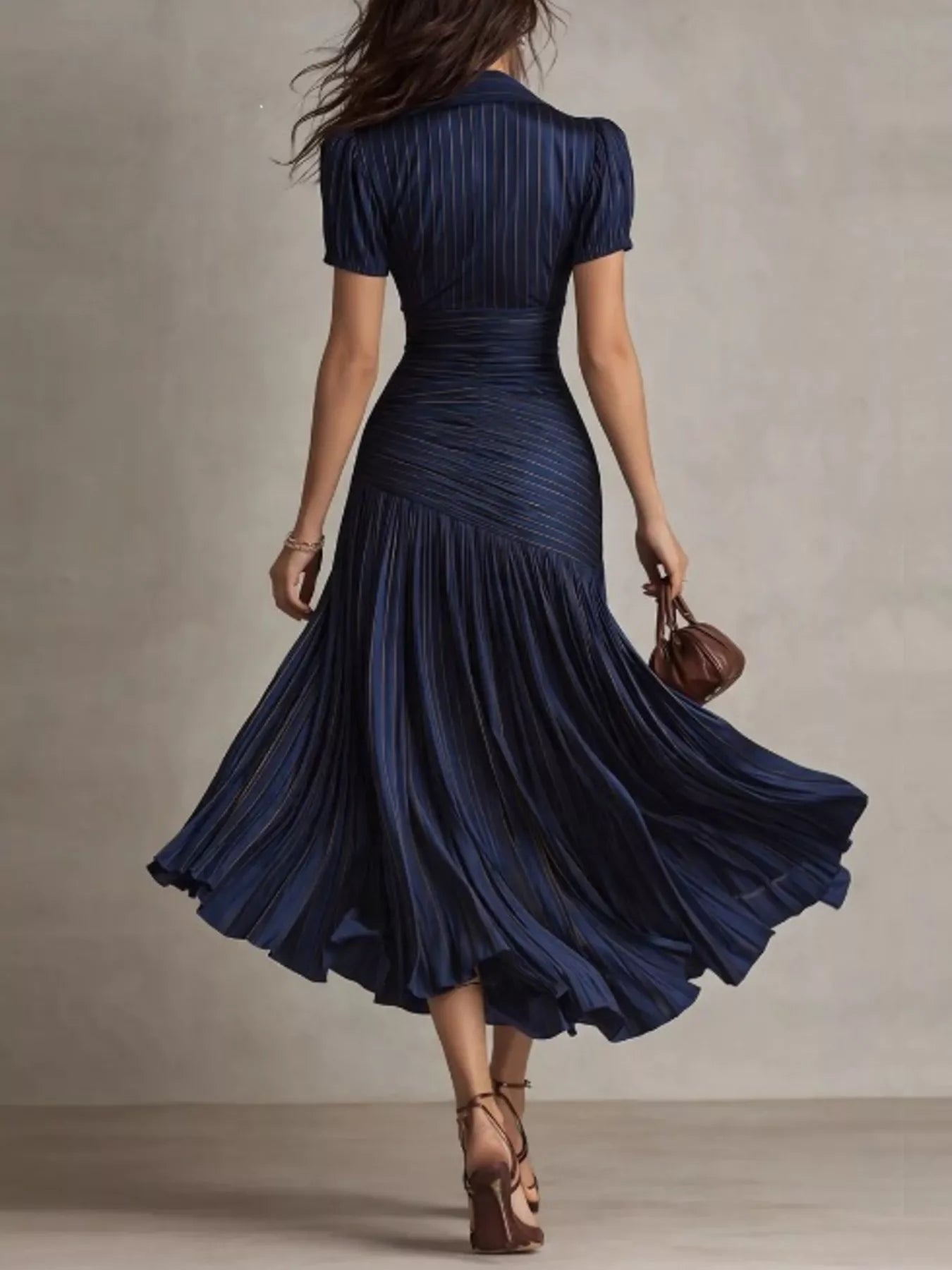 YSONA Pleated Striped Short Sleeve Midi Dress — side view | Women's Dress | Shop YSONA