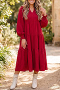 YSONA Solid Color Ruffle Trim Long Sleeve Tiered Shift Midi Dress — front view | Women's Dress