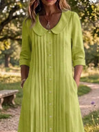 YSONA Full Size Peter Pan Collar Button Down Dress Plus Size — close-up view | Women's Dress