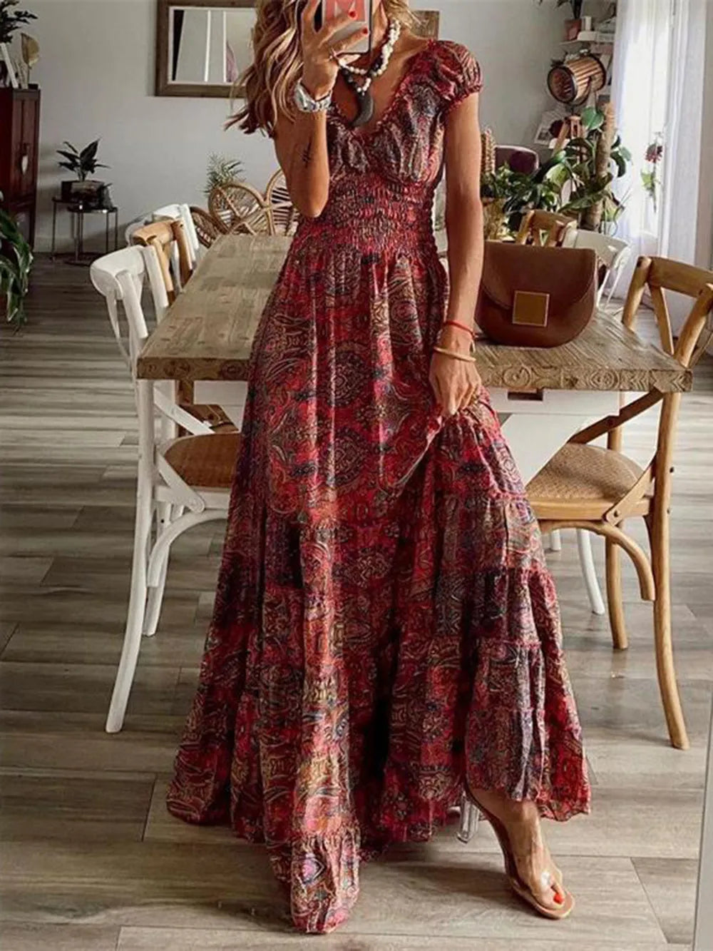 YSONA Full Size Smocked Printed V-Neck Short Sleeve Dress — front view | Women's Dress