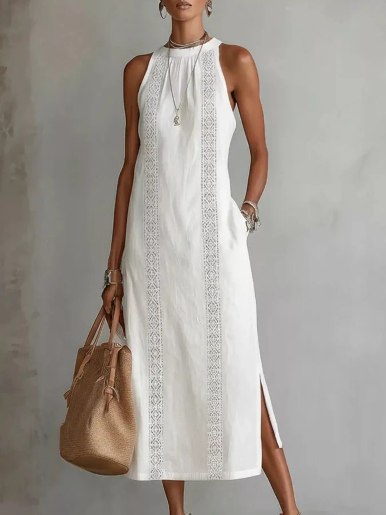 YSONA Full Size Sleeveless Lace Trim Midi Dress Plus Size — front view | Women's Dress