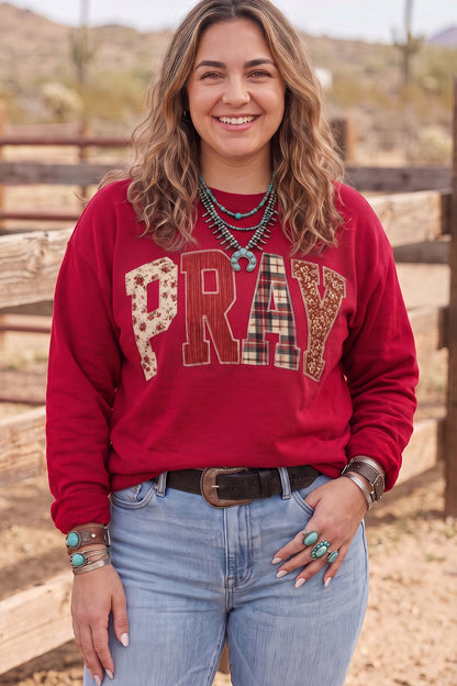 Coffee PRAY Letter Patchwork Round Neck Long Sleeve Plus Size Sweatshirt