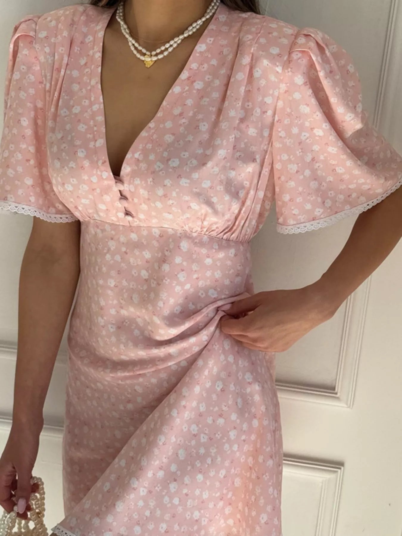 YSONA V-Neck Puff Sleeve Mini Dress with Lace Trim — back view | Women's Dress | Shop YSONA