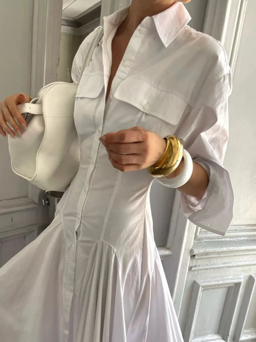YSONA Button Front Long Sleeve Maxi Shirt Dress — model wearing | Women's Dress | Shop YSONA