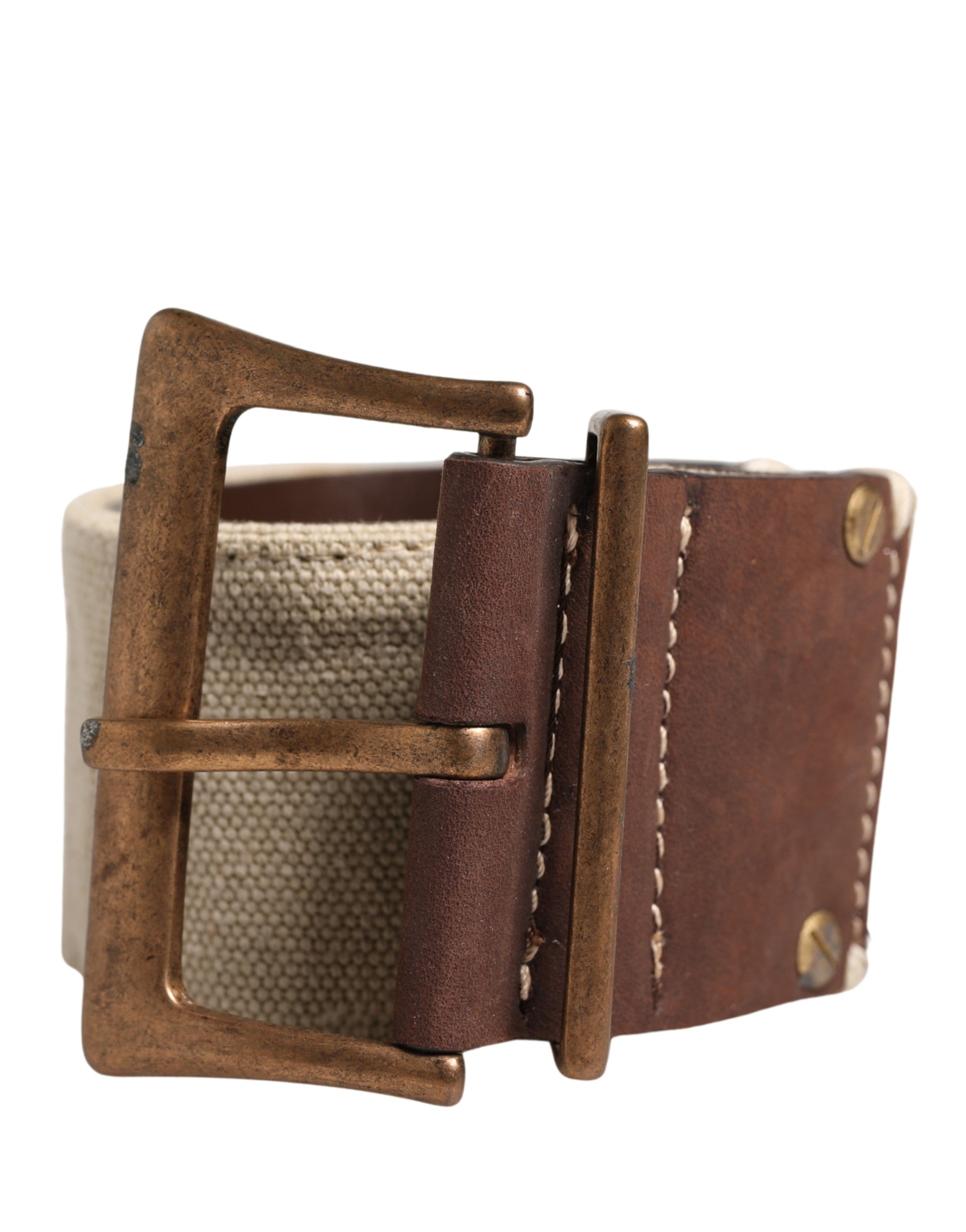 Ermanno Scervino Beige Brown Leather Canvas Metal Buckle Belt - YSONA