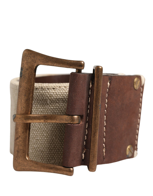 Ermanno Scervino Beige Brown Leather Canvas Metal Buckle Belt - YSONA