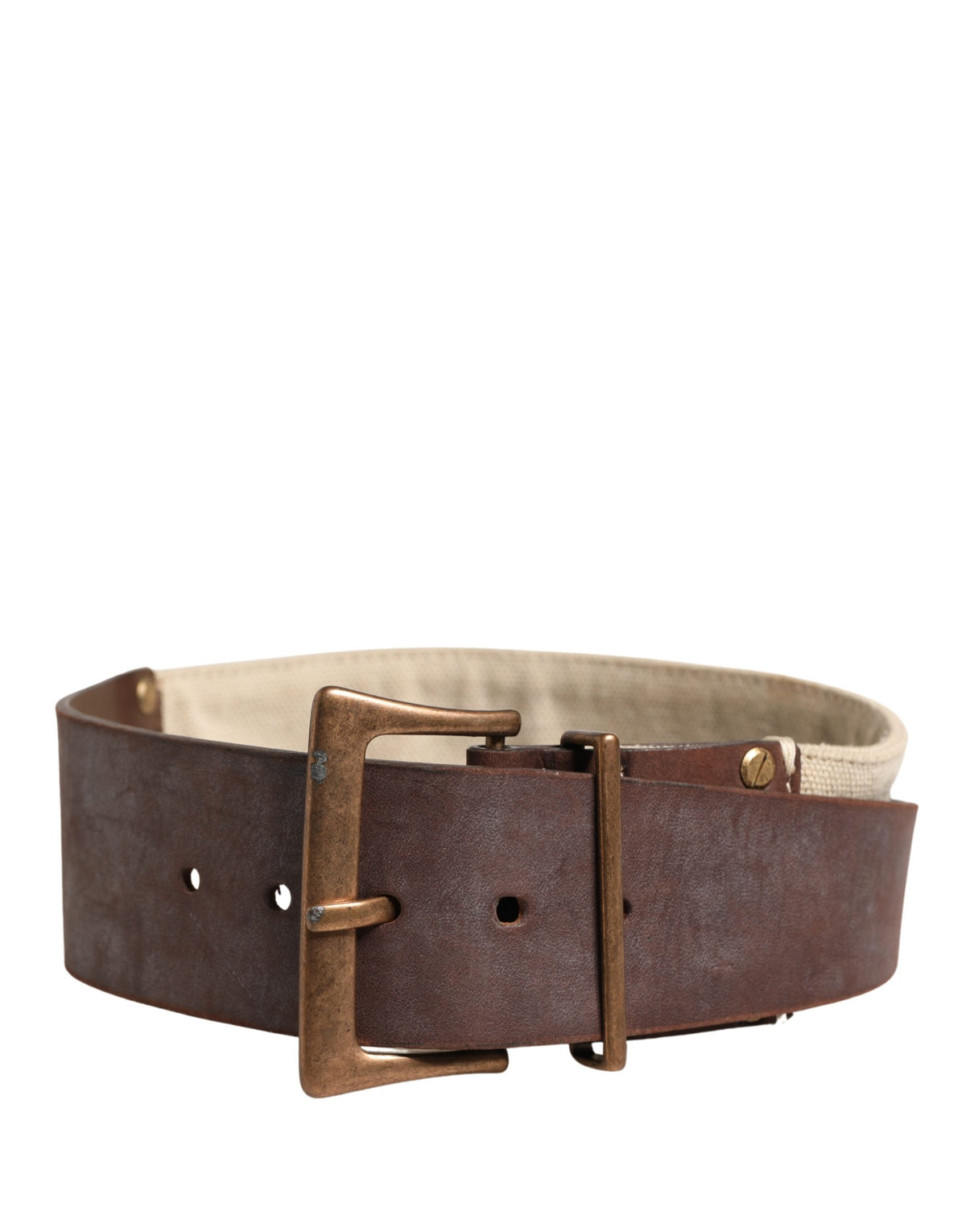 Ermanno Scervino Beige Brown Leather Canvas Metal Buckle Belt - view 3