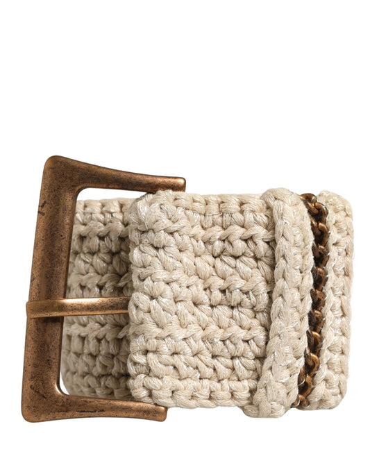 Ermanno Scervino Beige Woven Vintage Metal Buckle Waist Belt - YSONA