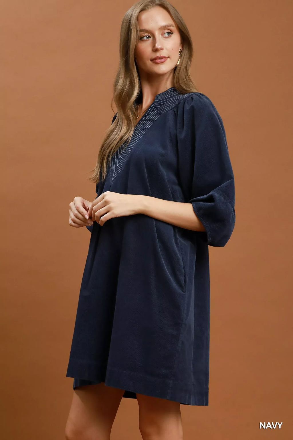 YSONA Umgee Corduroy V-Neck Puff Sleeve Shift Dress with Pockets — back view | Women's Dress