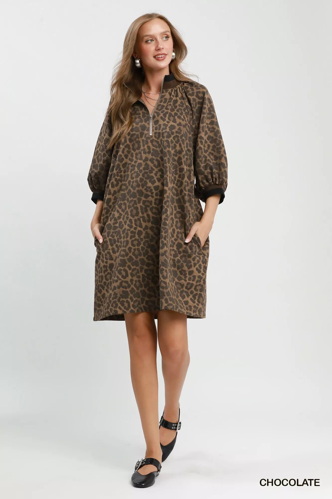YSONA Umgee Leopard Print Quarter Zip Puff Sleeve Mini Dress — detail view | Women's Dress | Shop YSONA