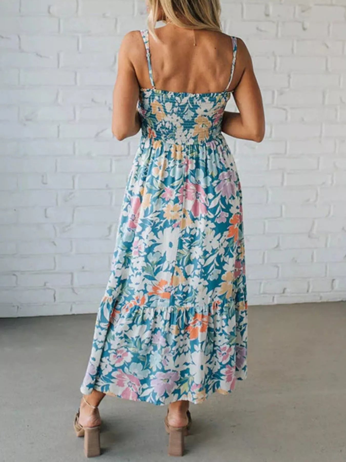 YSONA Floral Smocked Square Neck Midi Dress — detail view | Women's Dress | Shop YSONA