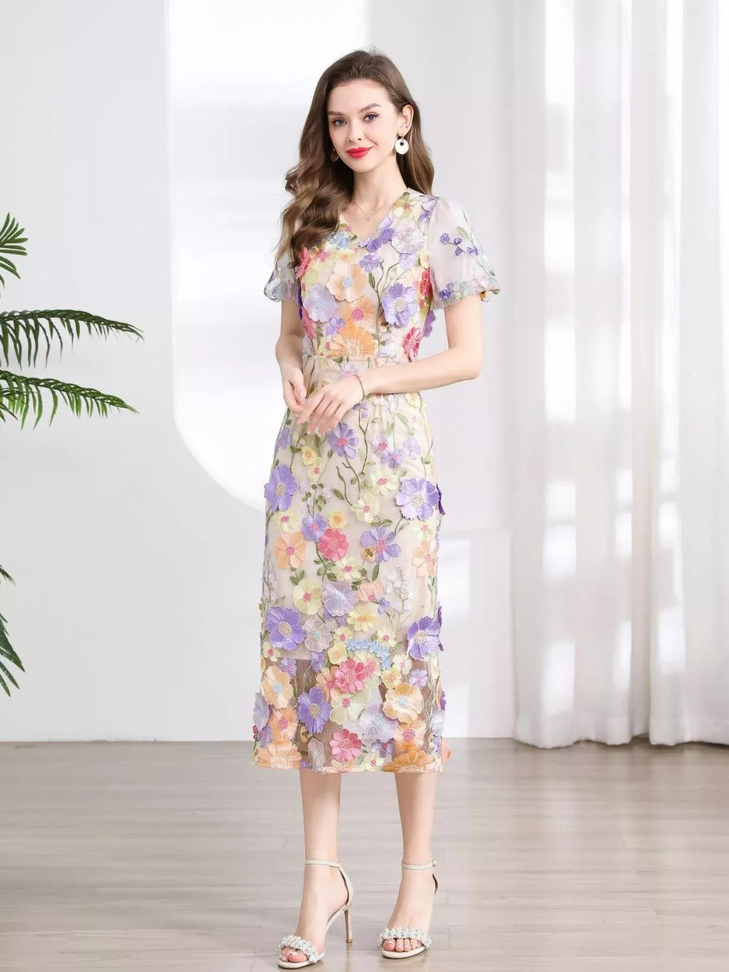 YSONA Floral Embroidered Puff Sleeve Midi Dress — back view | Women's Dress | Shop YSONA