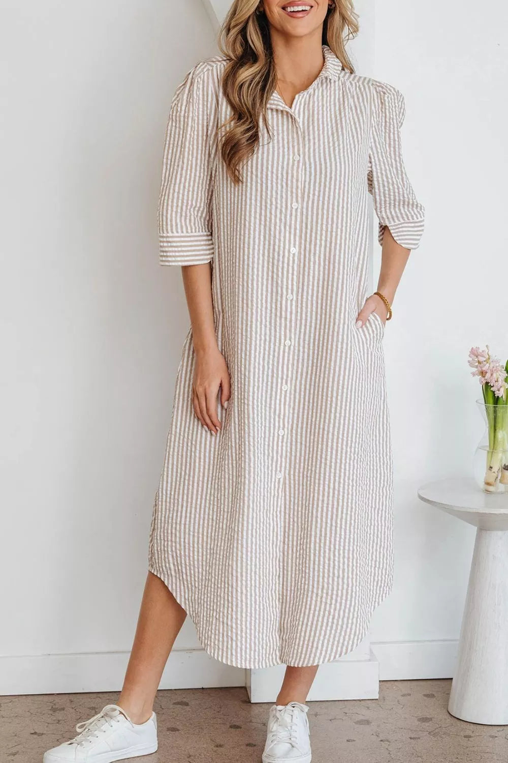 YSONA Stripe Frilled Collar Half Sleeve Shirt Dress — detail view | Women's Dress | Shop YSONA