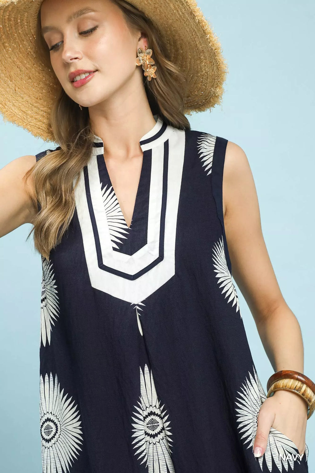 YSONA Umgee Sleeveless Geometric Midi Dress — model wearing | Women's Dress | Shop YSONA