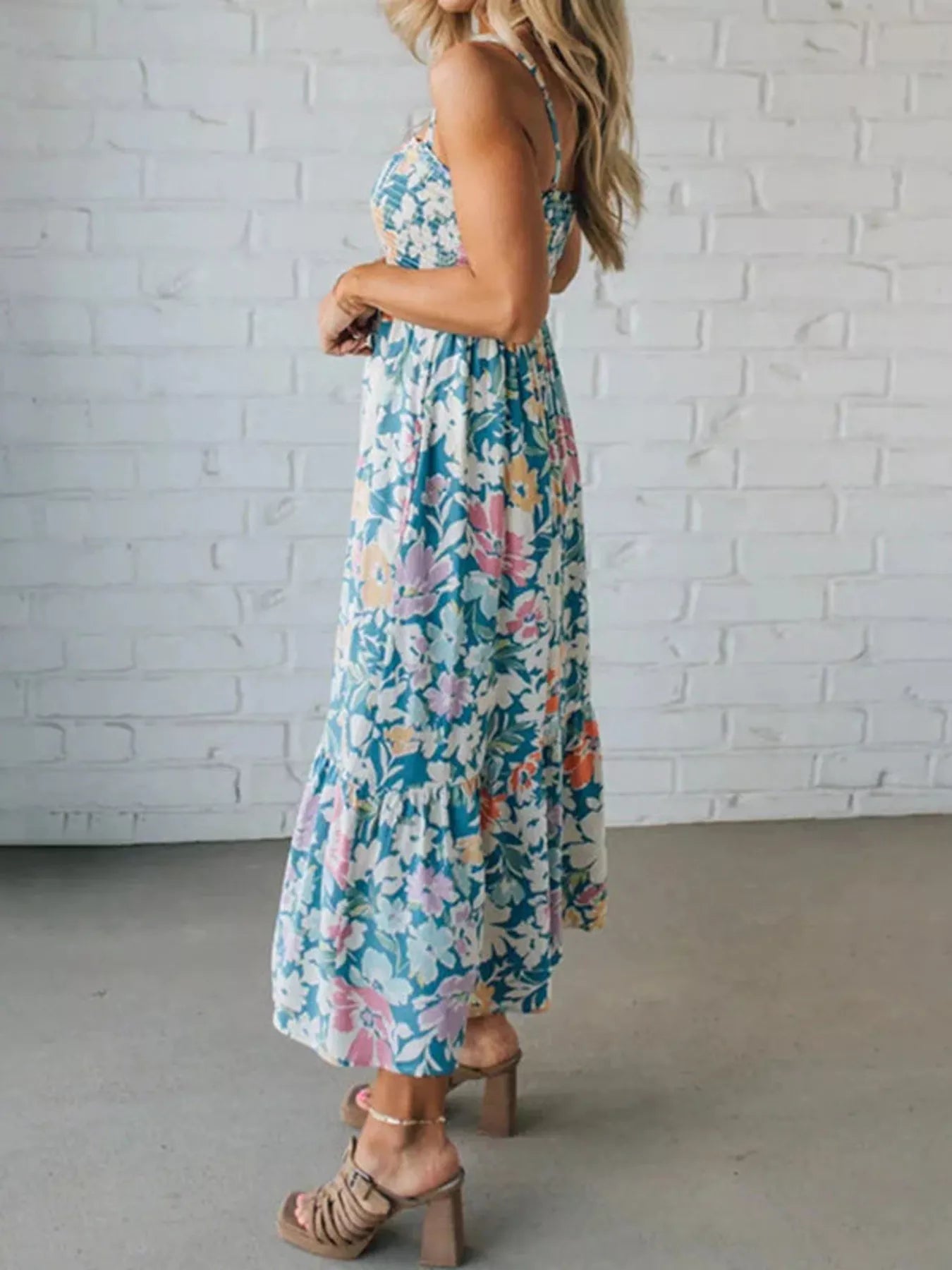 YSONA Floral Smocked Square Neck Midi Dress — side view | Women's Dress | Shop YSONA