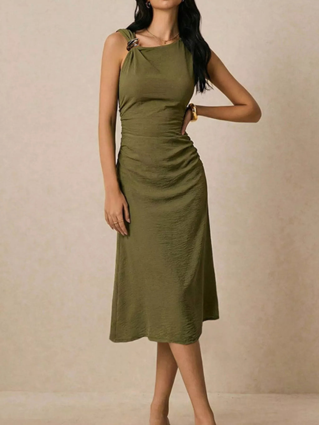 YSONA Asymmetrical Neck Ruched Midi Dress — back view | Women's Dress | Shop YSONA