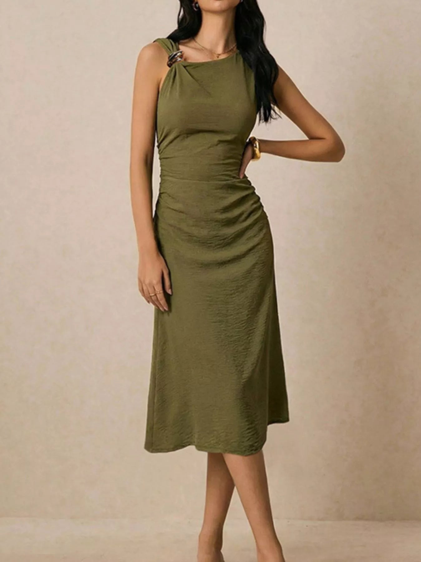 YSONA Asymmetrical Neck Ruched Midi Dress — back view | Women's Dress | Shop YSONA