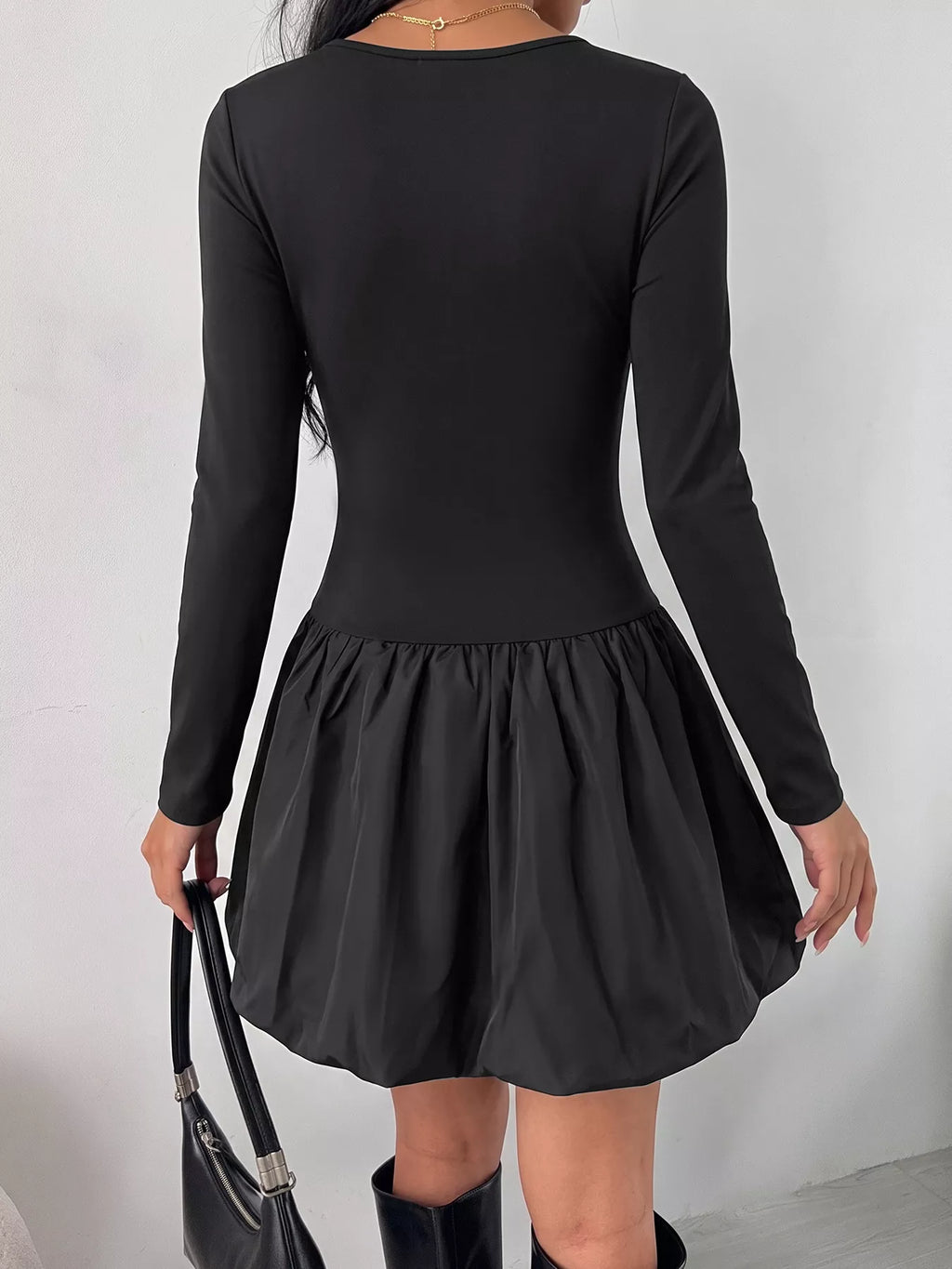 YSONA Square Neck Long Sleeve Bubble Hem Dress — model wearing | Women's Dress | Shop YSONA