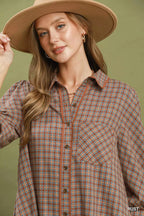 YSONA Umgee Plaid Button Down Oversized Shirt Dress — close-up view | Women's Dress | Shop YSONA