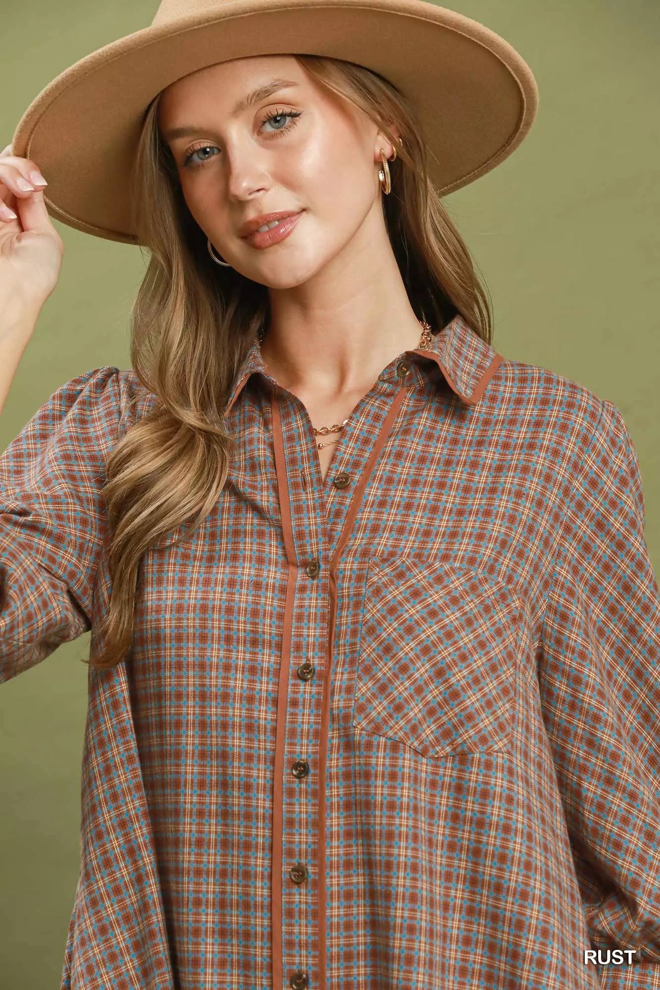 YSONA Umgee Plaid Button Down Oversized Shirt Dress — close-up view | Women's Dress | Shop YSONA