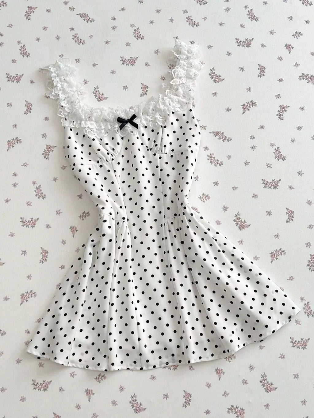 YSONA Polka Dot Lace Trim Mini Dress — close-up view | Women's Dress | Shop YSONA