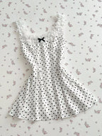 YSONA Polka Dot Lace Trim Mini Dress — close-up view | Women's Dress | Shop YSONA
