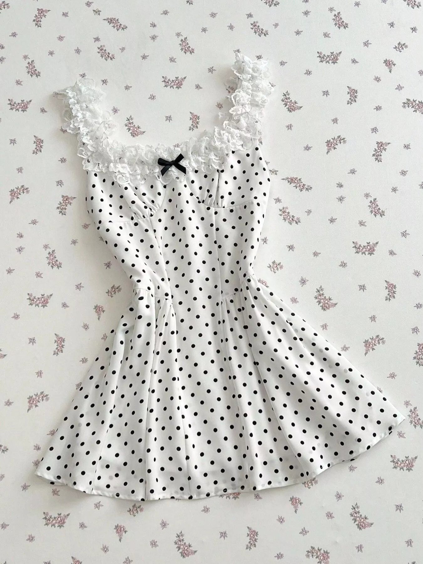 YSONA Polka Dot Lace Trim Mini Dress — close-up view | Women's Dress | Shop YSONA