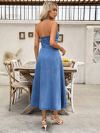 YSONA Halter Neck Button-Down Denim Dress — close-up view | Women's Dress | Shop YSONA