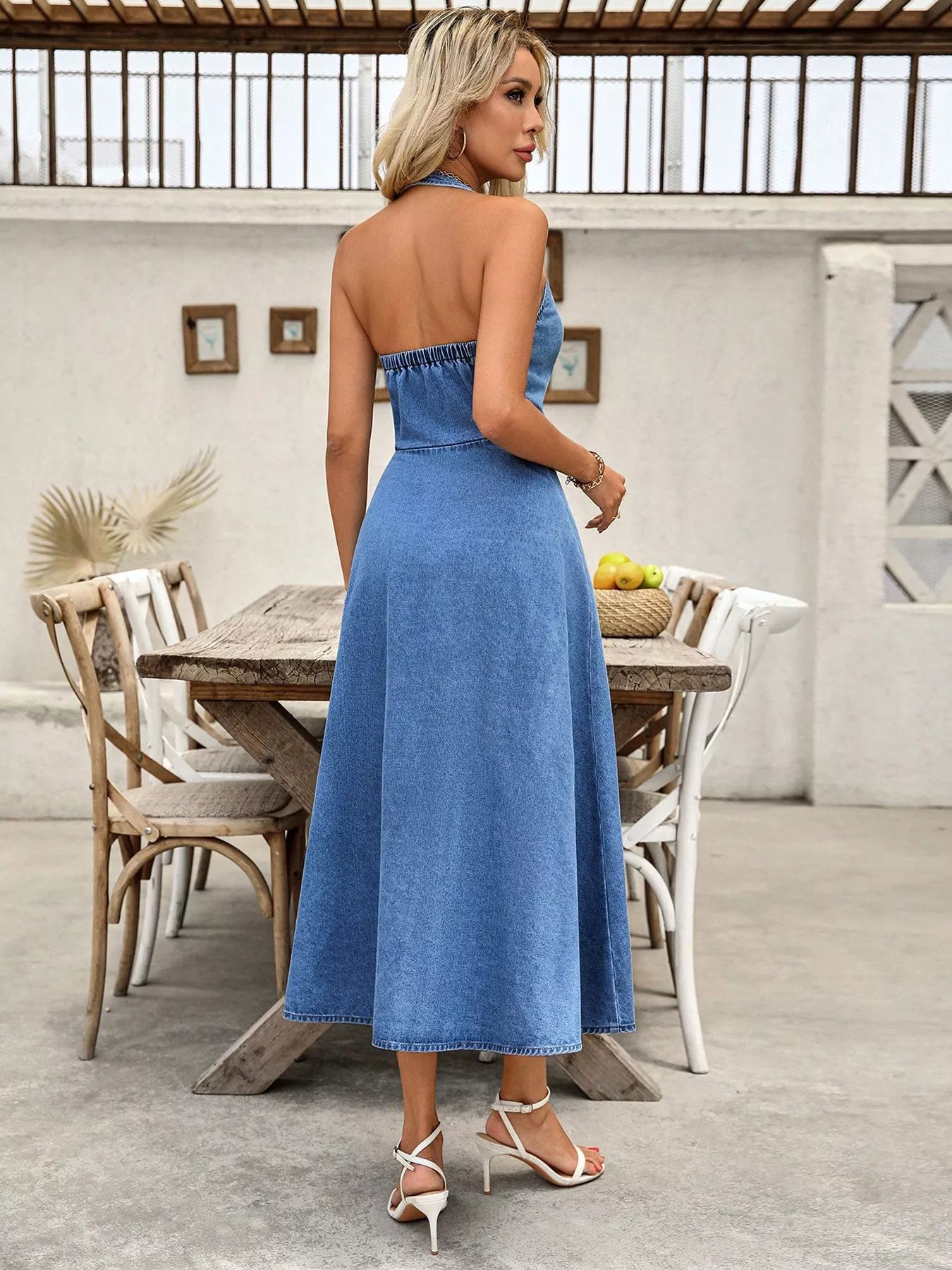 YSONA Halter Neck Button-Down Denim Dress — close-up view | Women's Dress | Shop YSONA