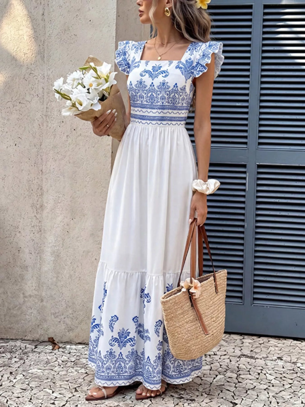 YSONA Printed Square Neck Maxi Dress — model wearing | Women's Dress | Shop YSONA
