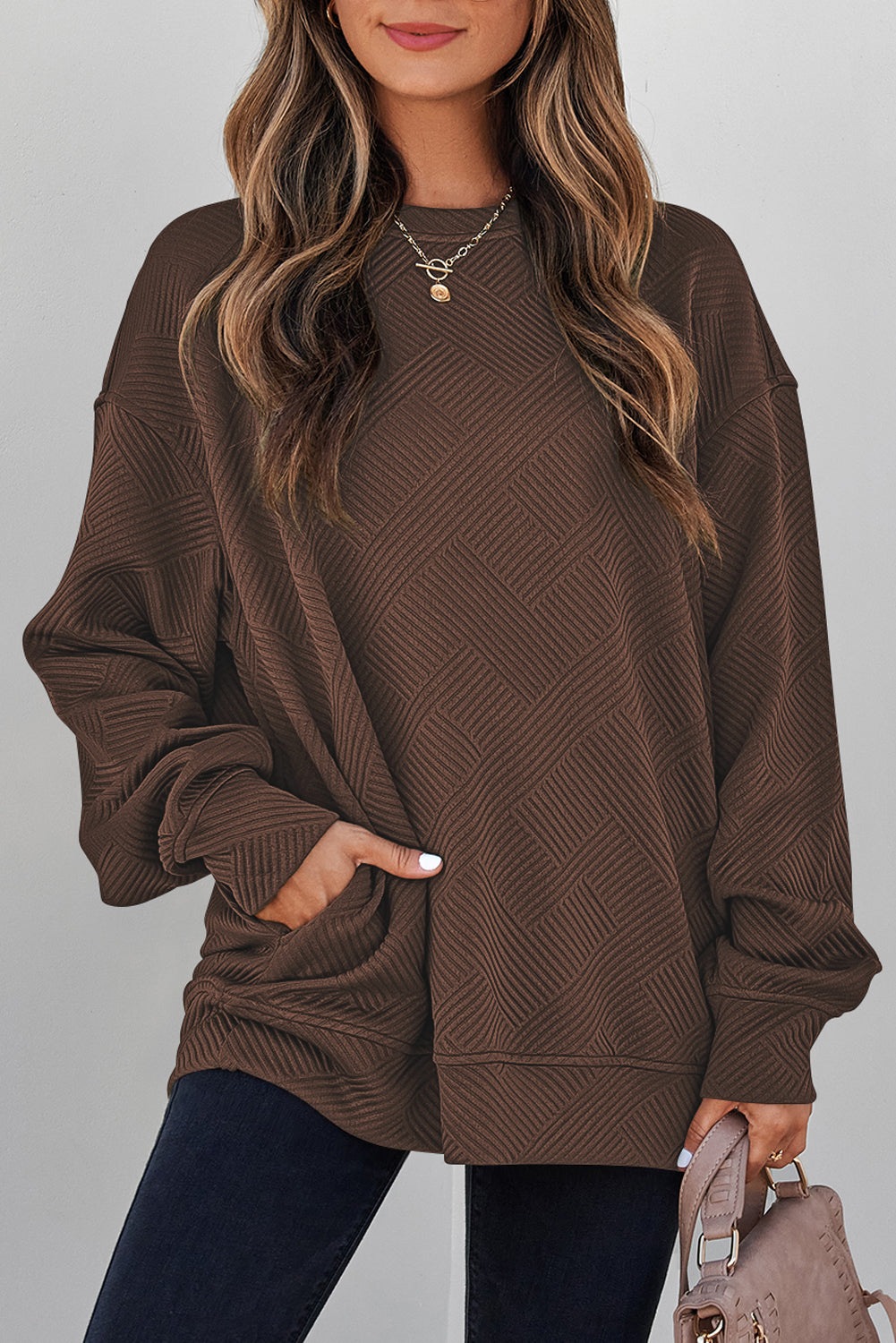 Parchment Solid Color Textured Round Neck Drop Shoulder Pullover Sweatshirt
